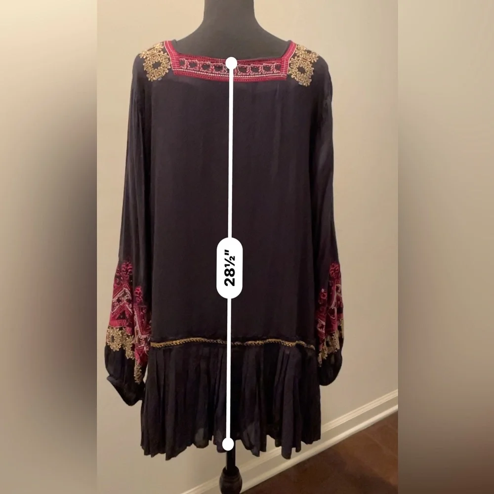 Free People Wild One Peasant Mini Dress SizeS Black Gold Embroidered Drop Waist - Picture 15 of 16
